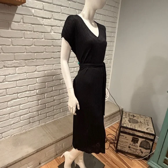 Lush Black Textured Midi Dress Small | Minimalist Luxe Belted V-Neck EU Chic - Picture 5 of 16